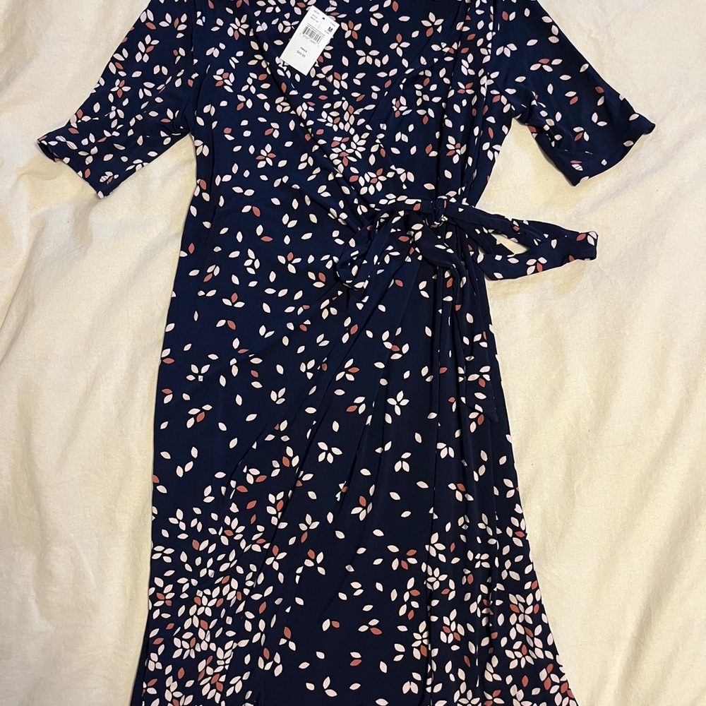 Motherhood Navy Midi Dress with Elegant Floral Design